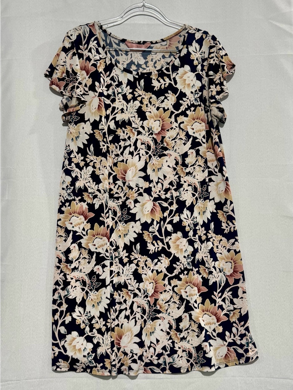 SJS Navy Floral Swing Dress with Cream and Tan Blooms